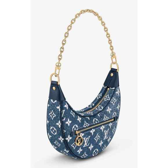 Louis Vuitton Loop Blue Denim Monogram Gold Chain Moon Crossbody Shoulder Bag - Picture 3 of 12